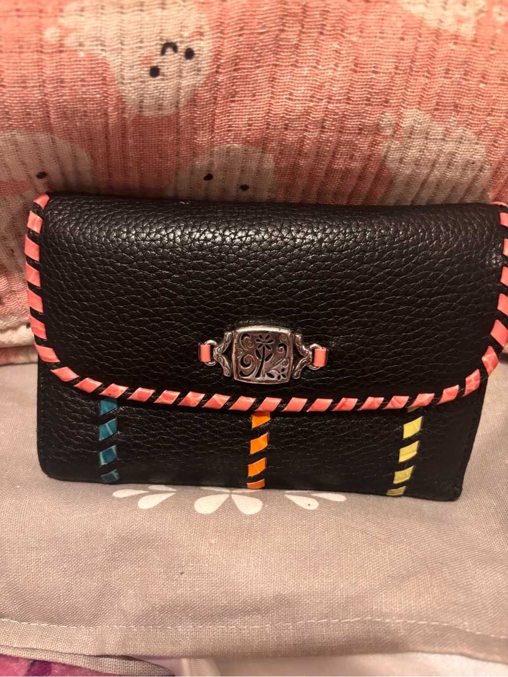 Brighton Black Leather Wallet with Coral Trim and Multicolor Stitching